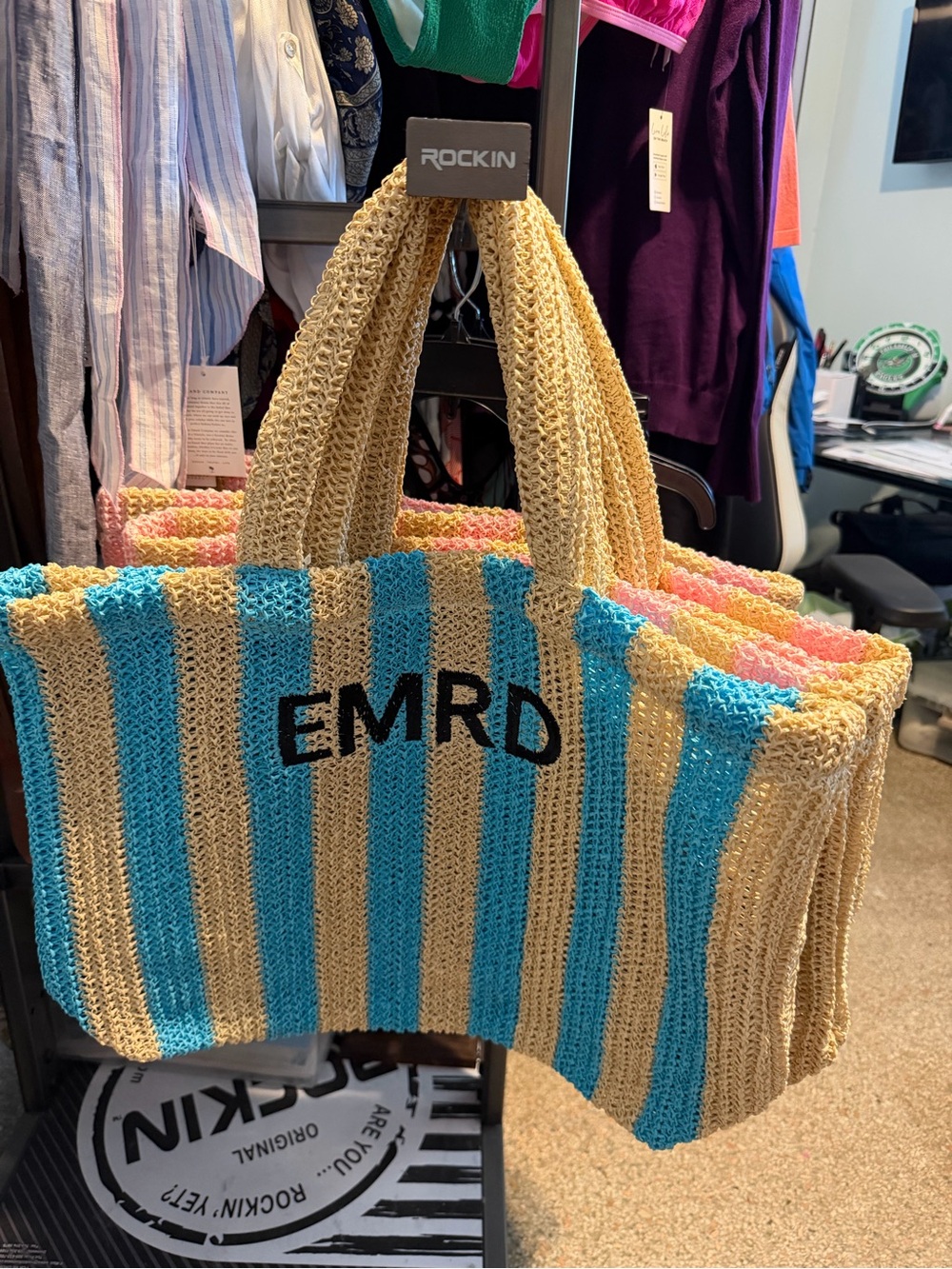 Bundle of 9 Striped Crochet Tote Beach Bags in Beige and Blue